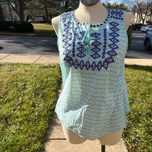 Talbots Teal White Geometric Print Sleeveless Blouse Women’s Size XL